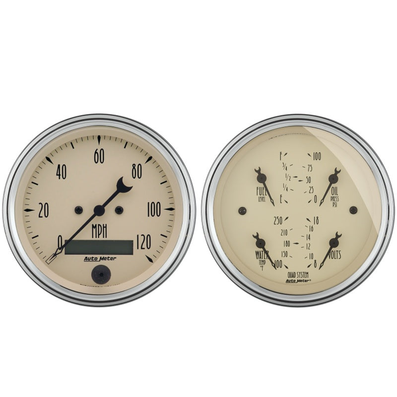 Load image into Gallery viewer, AutoMeter Gauge Kit 2 Pc. Quad & Speedometer 3-3/8in. Antique Beige