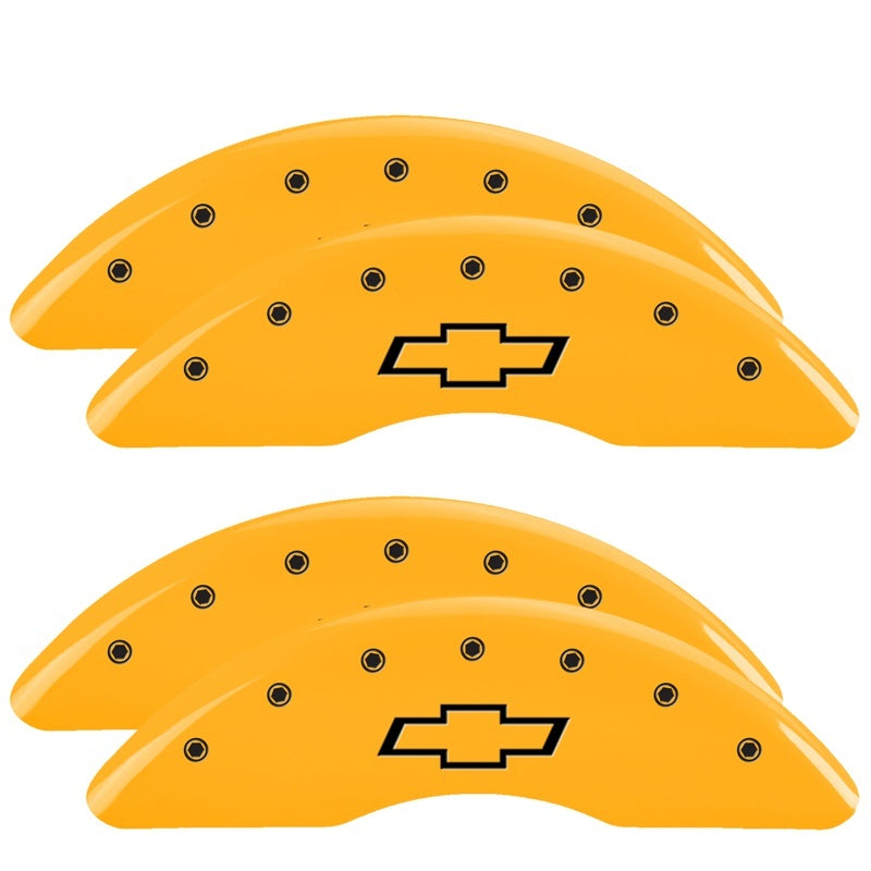 Load image into Gallery viewer, MGP 4 Caliper Covers Engraved Front & Rear Bowtie Yellow finish black ch