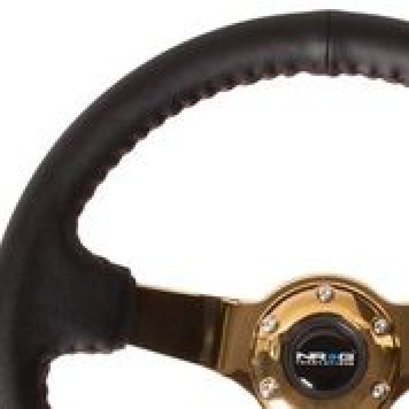 Load image into Gallery viewer, NRG Reinforced Steering Wheel (3in Deep / 4mm) 350mm Blk Leather w/Red BBall Stitch & Gold Spoke