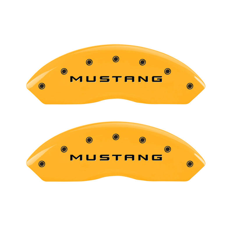Load image into Gallery viewer, MGP 4 Caliper Covers Engraved Front Mustang Rear Bar & Pony Yellow Finish Blk Char 2004 Ford Mustang