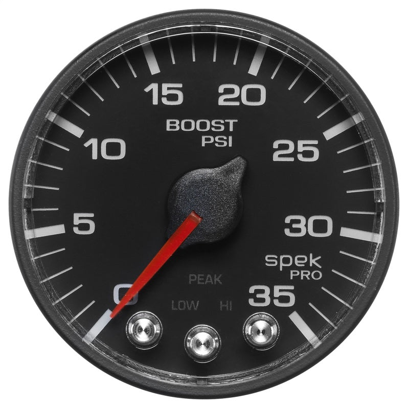 Load image into Gallery viewer, Autometer Spek-Pro Gauge Boost 2 1/16in 35psi Stepper Motor W/Peak & Warn Black/Black