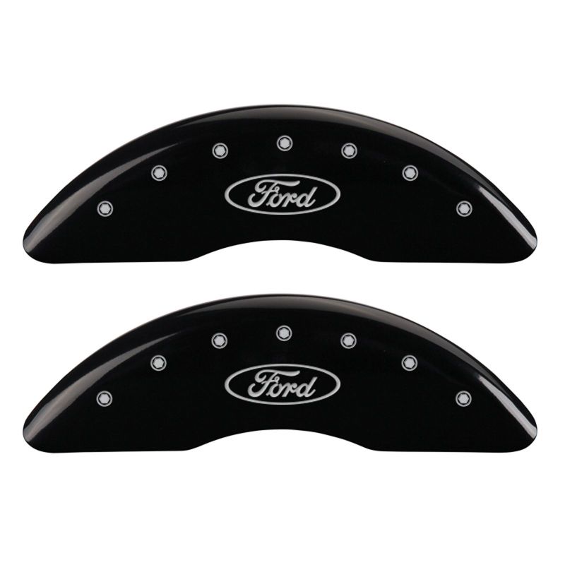 Load image into Gallery viewer, MGP 4 Caliper Covers Engraved Front & Rear Oval logo/Ford Black finish silver ch