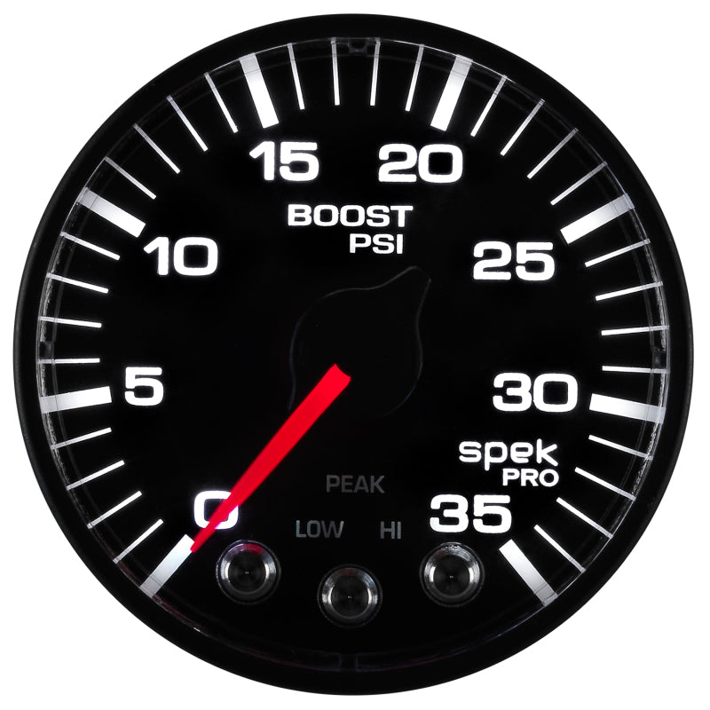 Load image into Gallery viewer, Autometer Spek-Pro Gauge Boost 2 1/16in 35psi Stepper Motor W/Peak & Warn Black/Black