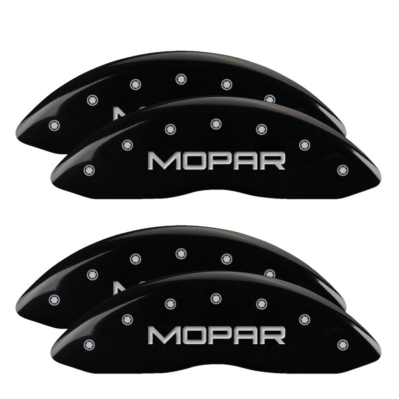 Load image into Gallery viewer, MGP 4 Caliper Covers Engraved Front & Rear MOPAR Black finish silver ch