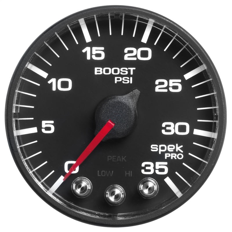 Load image into Gallery viewer, Autometer Spek-Pro Gauge Boost 2 1/16in 35psi Stepper Motor W/Peak & Warn Black/Black