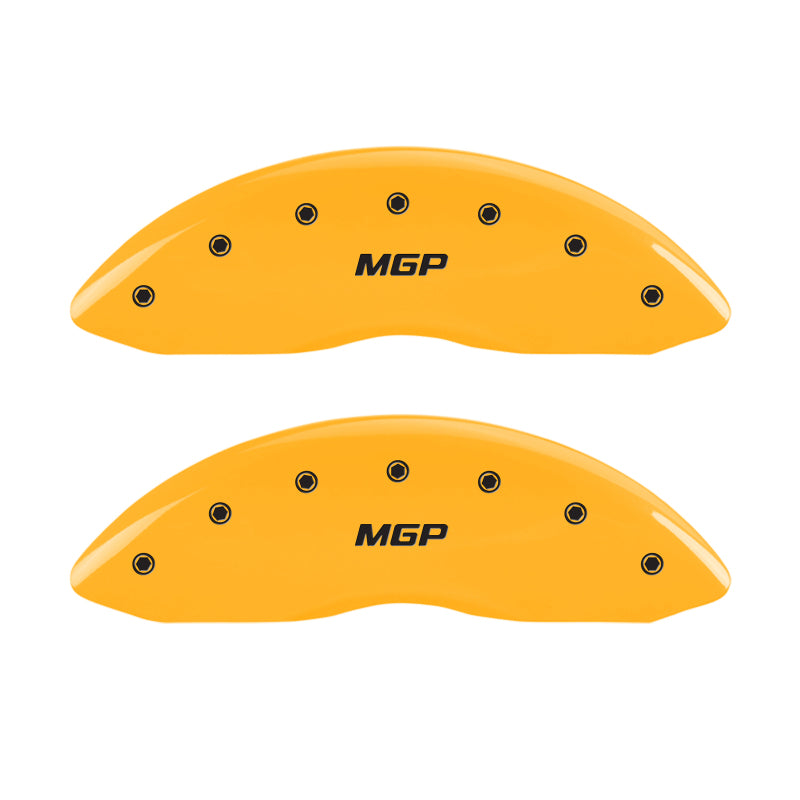 Load image into Gallery viewer, MGP 2 Caliper Covers Engraved Front MGP Yellow Finish Black Char 2005 Chevy Silverado 1500