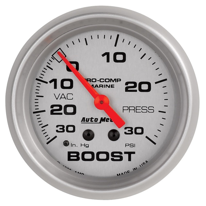 Load image into Gallery viewer, AutoMeter Marine Vac/Boost Gauge 2 5/8in 30INHG 30PSI Mechanical- Silver