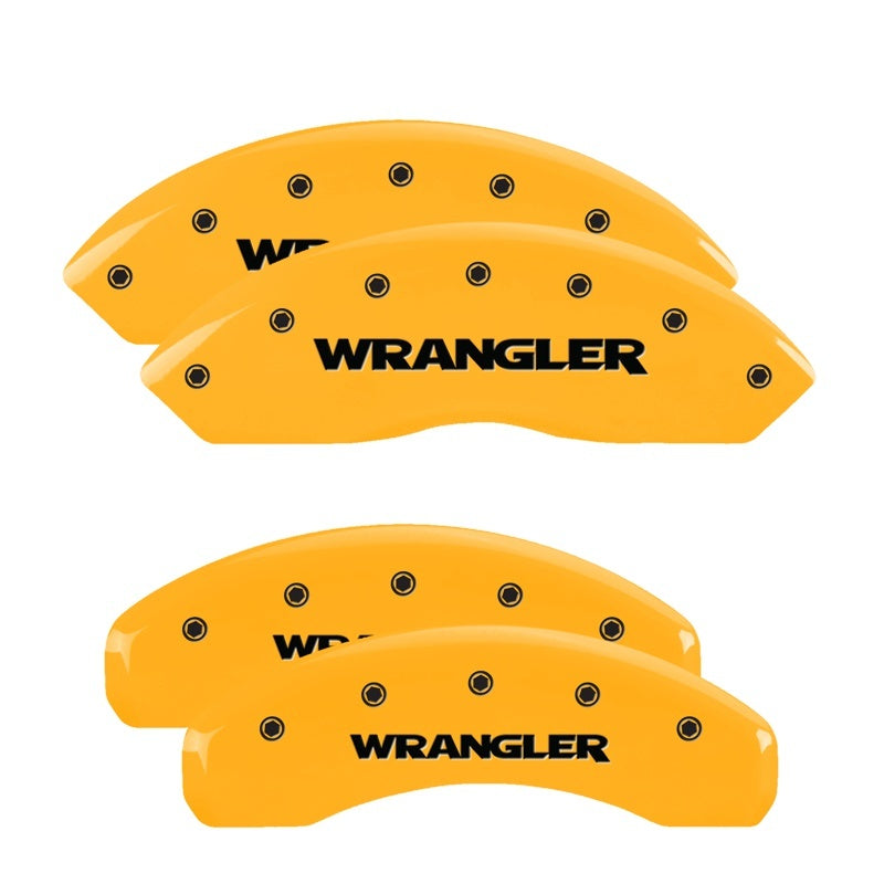 Load image into Gallery viewer, MGP 4 Caliper Covers Engraved Front & Rear Wrangler Yellow Finish Black Char 2003 Jeep Wrangler