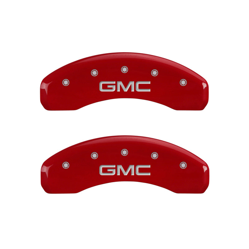 Load image into Gallery viewer, MGP 4 Caliper Covers Engraved Front & Rear GMC Red finish silver ch