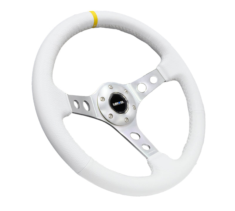 Load image into Gallery viewer, NRG Reinforced Steering Wheel (350mm / 3in. Deep) Wht Leather w/Silver Spoke & Single Yellow Mark