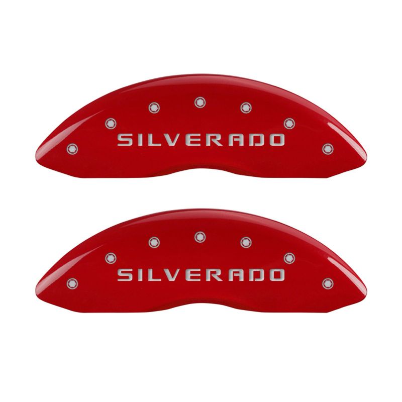 Load image into Gallery viewer, MGP 4 Caliper Covers Engraved Front & Rear Silverado Red finish silver ch