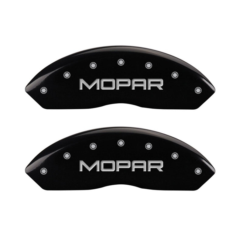 Load image into Gallery viewer, MGP Front set 2 Caliper Covers Engraved Front MOPAR Black finish silver ch