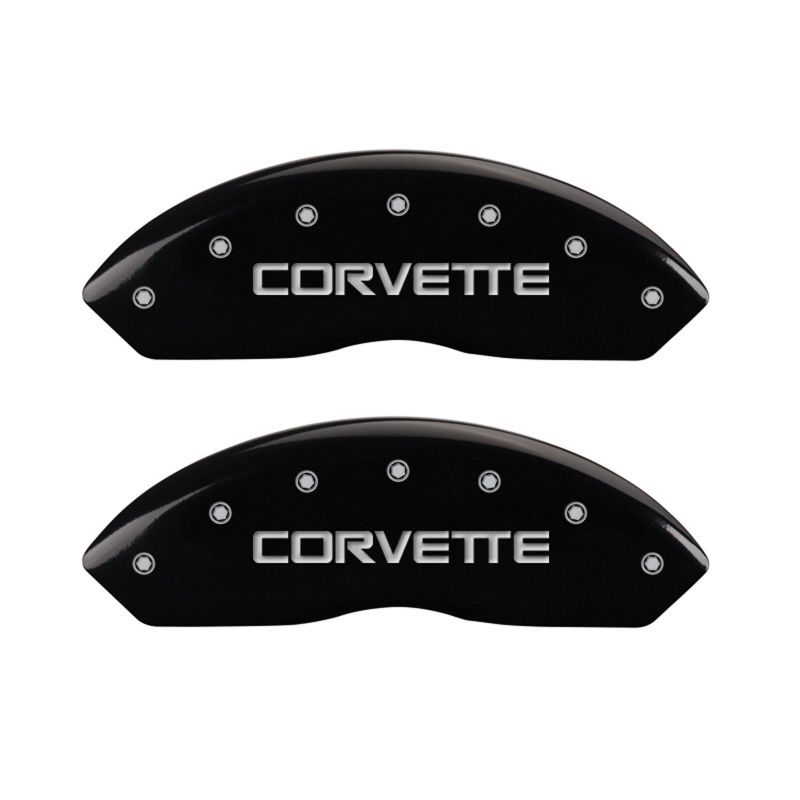 Load image into Gallery viewer, MGP 4 Caliper Covers Engraved F & R C4/Corvette Black Finish Silver Char 1988 Chevrolet Corvette