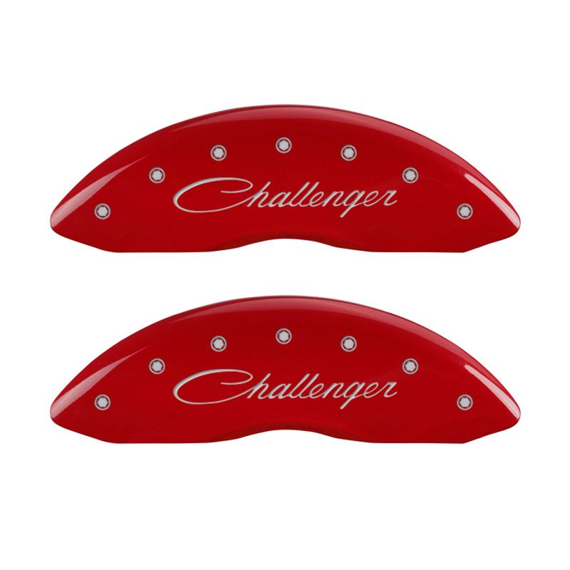 Load image into Gallery viewer, MGP 4 Caliper Covers Engraved Front & Rear Cursive/Challenger Red finish silver ch