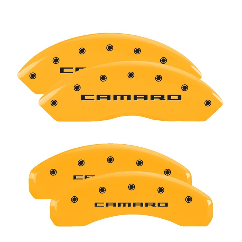 Load image into Gallery viewer, MGP 4 Caliper Covers Engraved Front & Rear Gen 5/Camaro Yellow finish black ch