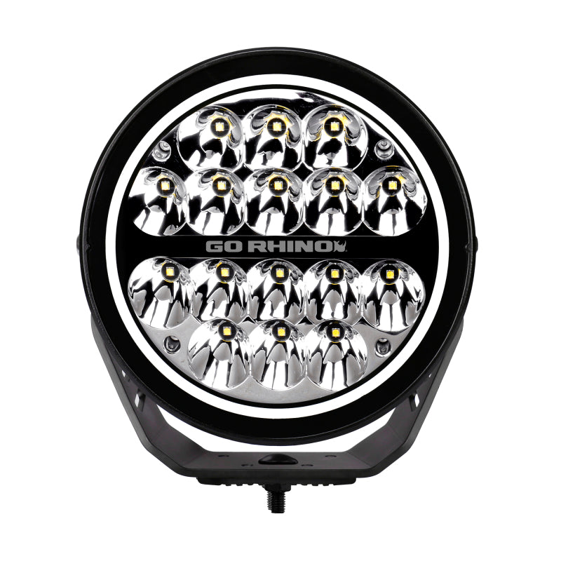 Load image into Gallery viewer, Go Rhino Xplor Blackout Series Round LED Driving Light w/DRL (Surface/Threaded Stud Mnt) 7in. - Blk