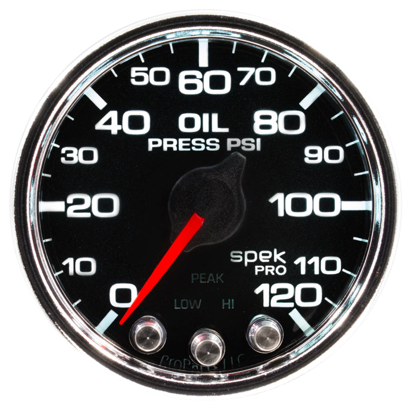 Load image into Gallery viewer, Autometer Spek-Pro Gauge Oil Press 2 1/16in 120psi Stepper Motor W/Peak & Warn Blk/Chrm