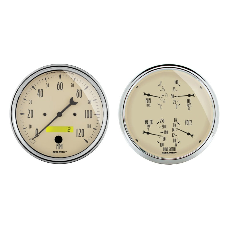 Load image into Gallery viewer, Autometer 5 inch Antique Beige 2 Piece Gauge Kit - Quad & Speedometer
