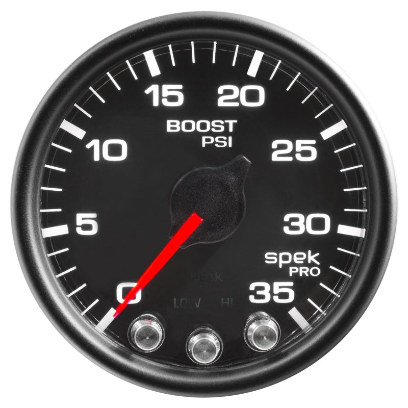 Load image into Gallery viewer, Autometer Spek-Pro Gauge Boost 2 1/16in 35psi Stepper Motor W/Peak & Warn Black/Black