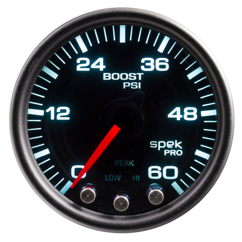 Load image into Gallery viewer, Autometer Spek-Pro Gauge Boost 2 1/16in 60psi Stepper Motor W/Peak & Warn Blk/Smoke/Black