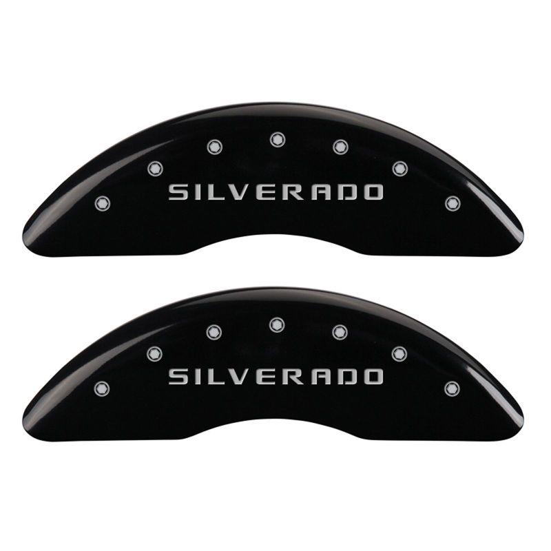 Load image into Gallery viewer, MGP 4 Caliper Covers Engraved Front & Rear Silverado Black finish silver ch