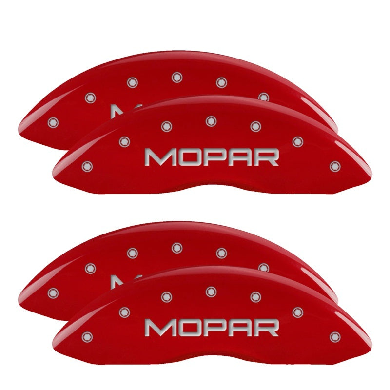 Load image into Gallery viewer, MGP 4 Caliper Covers Engraved Front & Rear MOPAR Red finish silver ch