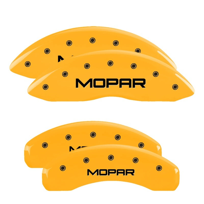 Load image into Gallery viewer, MGP 4 Caliper Covers Engraved Front & Rear MOPAR Yellow finish black ch