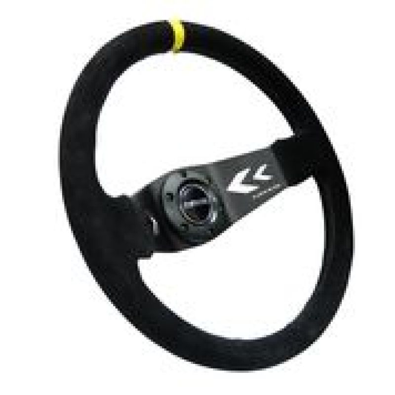 Load image into Gallery viewer, NRG Reinforced Steering Wheel (350mm / 3in. Deep) Blk Suede w/NRG Arrow Cut 2-Spoke & Yellow Mark