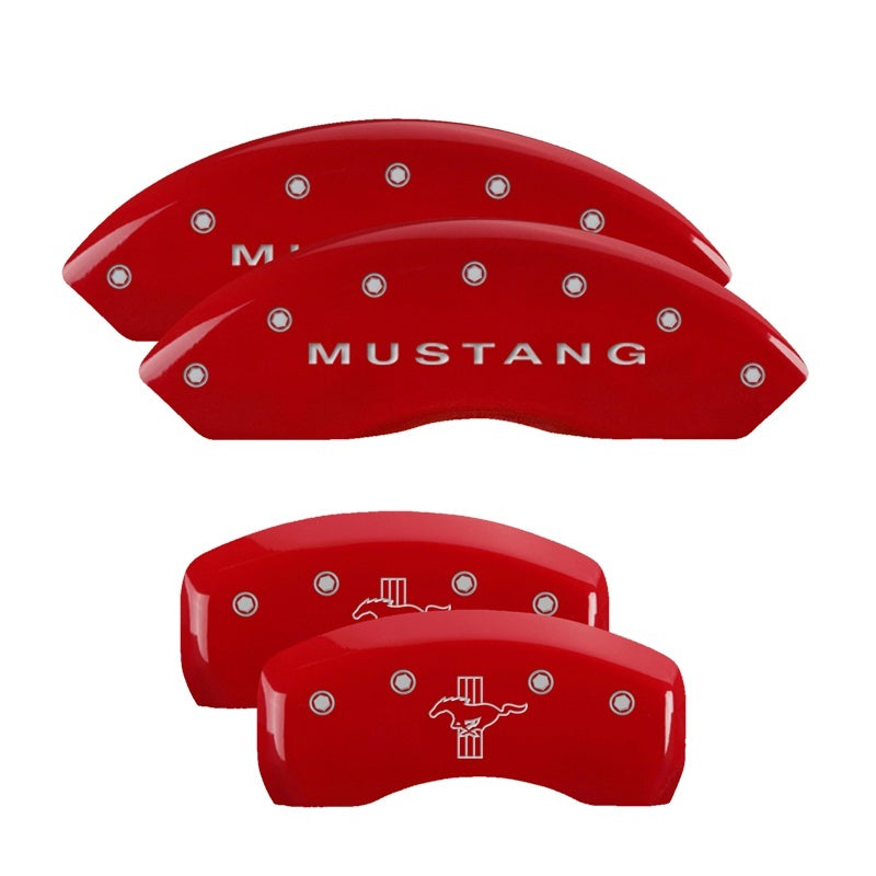 Load image into Gallery viewer, MGP 4 Caliper Covers Engraved Front Mustang Engraved Rear Bar & Pony Red finish silver ch