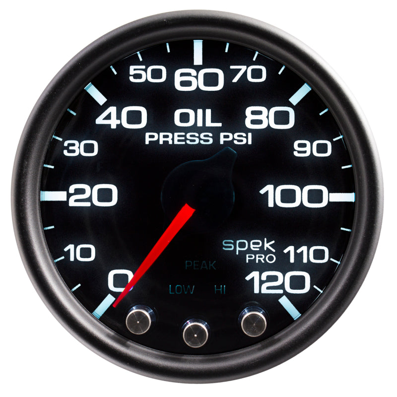 Load image into Gallery viewer, Autometer Spek-Pro Gauge Oil Press 2 1/16in 120psi Stepper Motor W/Peak & Warn Blk/Smoke/Blk