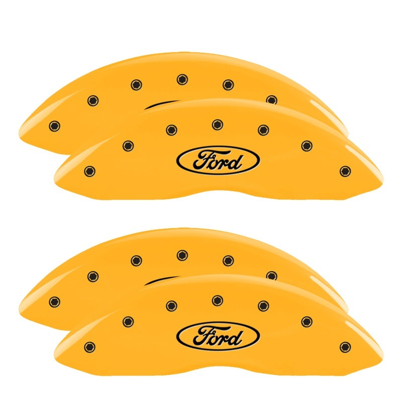 Load image into Gallery viewer, MGP 4 Caliper Covers Engraved F & R Ford Logo Yellow Finish Black Char 2006 Ford F-350 Super Duty