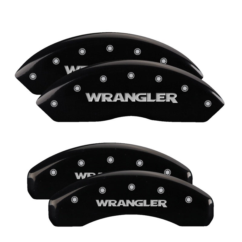 Load image into Gallery viewer, MGP 4 Caliper Covers Engraved Front & Rear WRANGLER Black finish silver ch