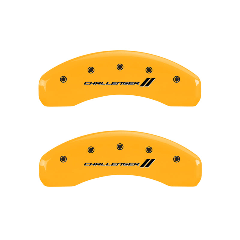 Load image into Gallery viewer, MGP 4 Caliper Covers Engraved Front & Rear With stripes/Challenger Yellow finish black ch