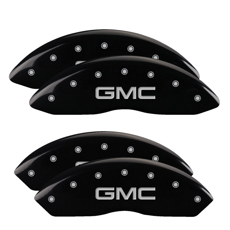 Load image into Gallery viewer, MGP 4 Caliper Covers Engraved Front & Rear GM Style/Hybrid Black finish silver ch