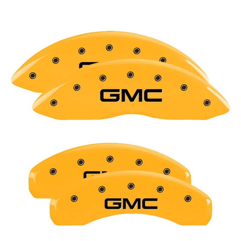 Load image into Gallery viewer, MGP 4 Caliper Covers Engraved Front & Rear 99-03 GMC Sierra 1500 Yellow Finish Black GMC Logo