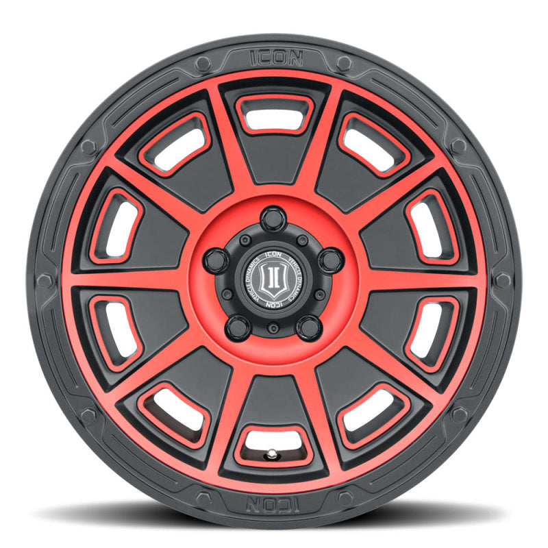 Load image into Gallery viewer, ICON Victory 17x8.5 6x135 6mm Offset 5in BS Satin Black w/Red Tint Wheel