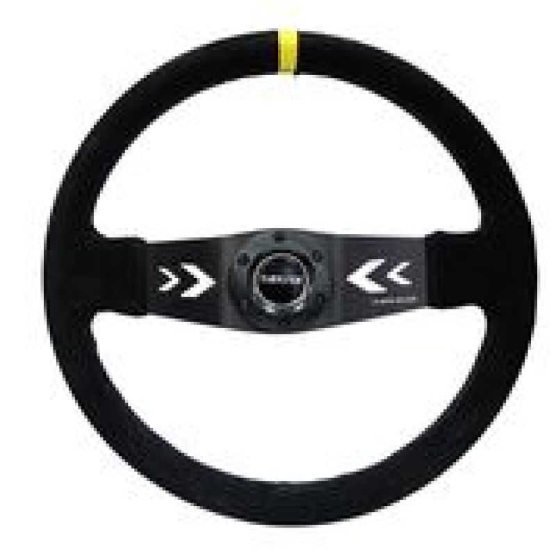 Load image into Gallery viewer, NRG Reinforced Steering Wheel (350mm / 3in. Deep) Blk Suede w/NRG Arrow Cut 2-Spoke & Yellow Mark