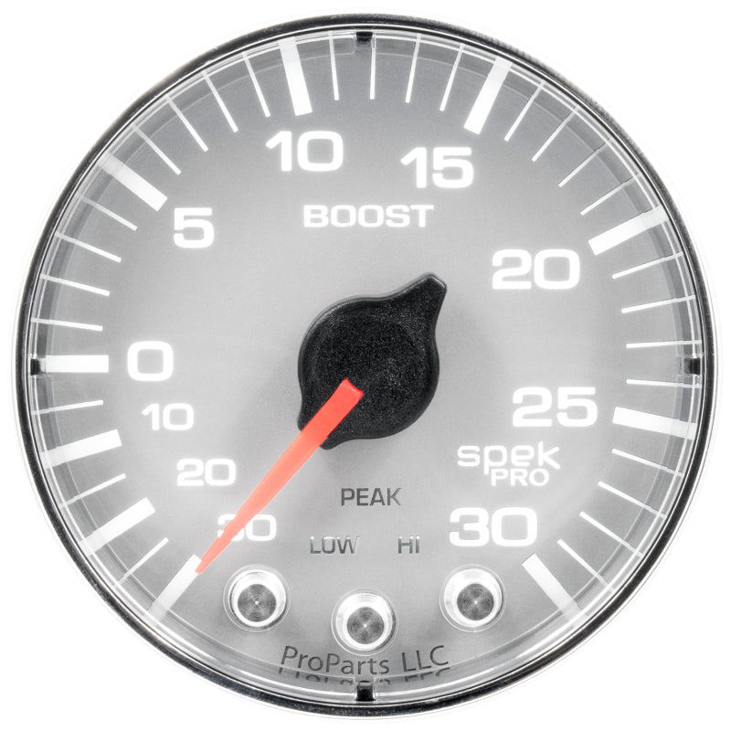 Load image into Gallery viewer, Autometer Spek-Pro Gauge Vac/Boost 2 1/16in 30Inhg-30psi Stepper Motor W/Peak & WarnSilver/Chrome