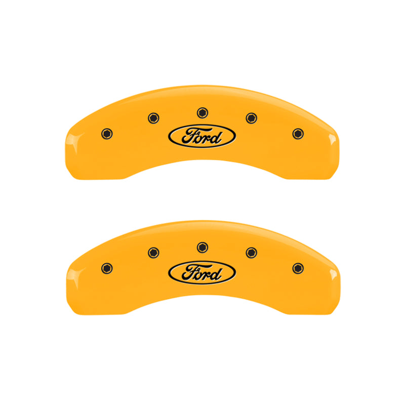 Load image into Gallery viewer, MGP 4 Caliper Covers Engraved Front & Rear Oval logo/Ford Yellow finish black ch