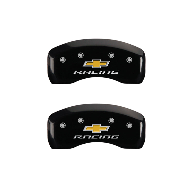 Load image into Gallery viewer, MGP 4 Caliper Covers Engraved Front & Rear Chevy racing Black finish silver ch