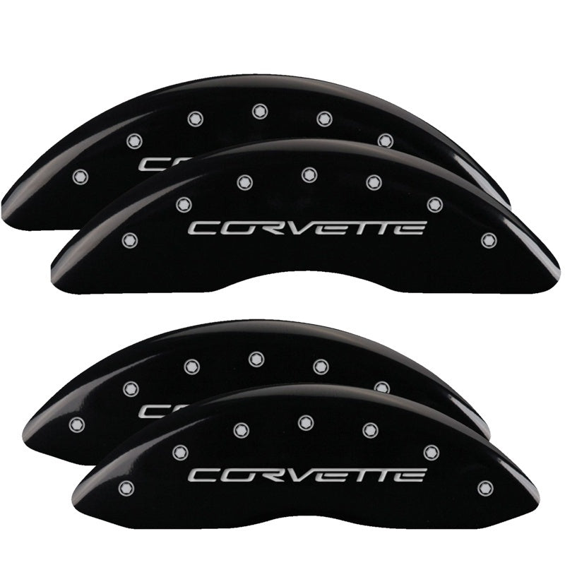 Load image into Gallery viewer, MGP 4 Caliper Covers Engraved Front & Rear C6/Corvette Black finish silver ch