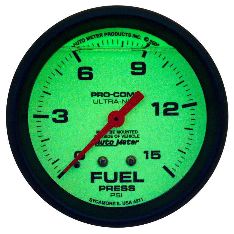 Load image into Gallery viewer, Autometer Ultra-Nite 2-5/8in 15psi Mechanical Glow In The Dark Fuel Pressure Gauge