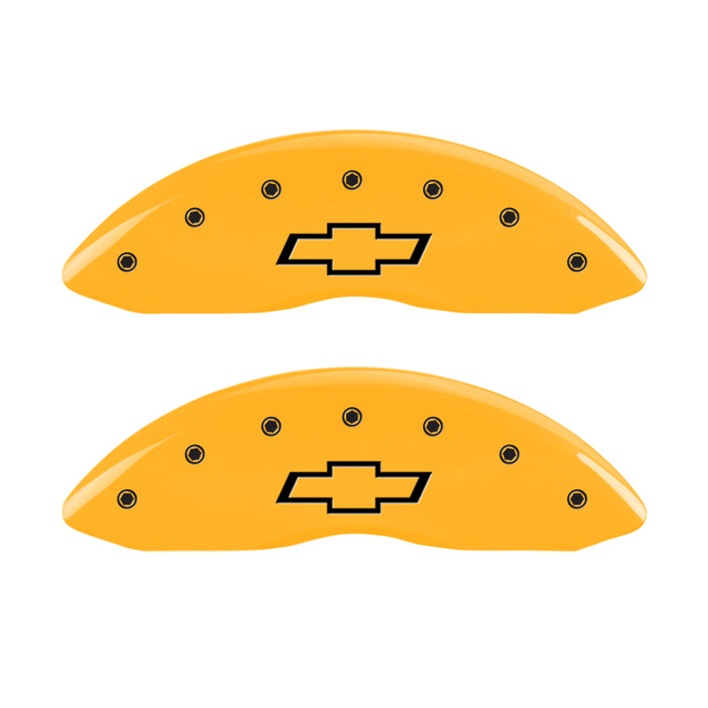 Load image into Gallery viewer, MGP 4 Caliper Covers Engraved Front & Rear Bowtie Yellow Finish Black Char 2000 Chevrolet Camaro