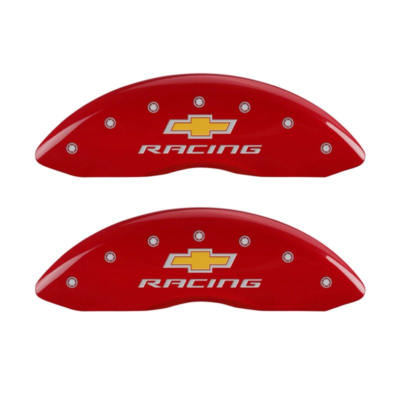 Load image into Gallery viewer, MGP 4 Caliper Covers Engraved Front & Rear Chevy racing Red finish silver ch