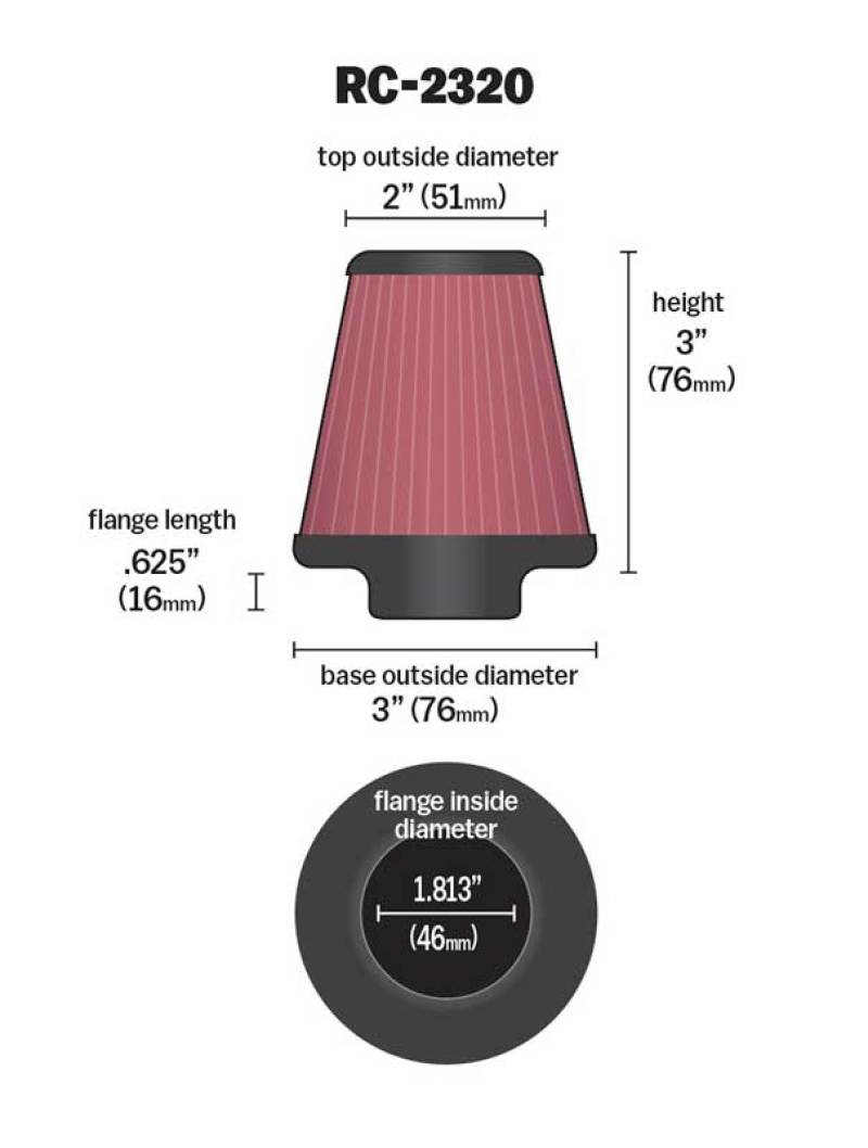Load image into Gallery viewer, K&N Universal Air Filter 1-13/16in FLG / 3in Bottom / 2in Top / 3in Height