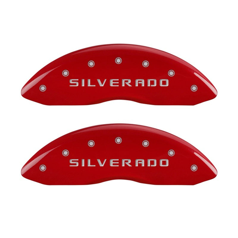 Load image into Gallery viewer, MGP Front set 2 Caliper Covers Engraved Front Silverado Red finish silver ch