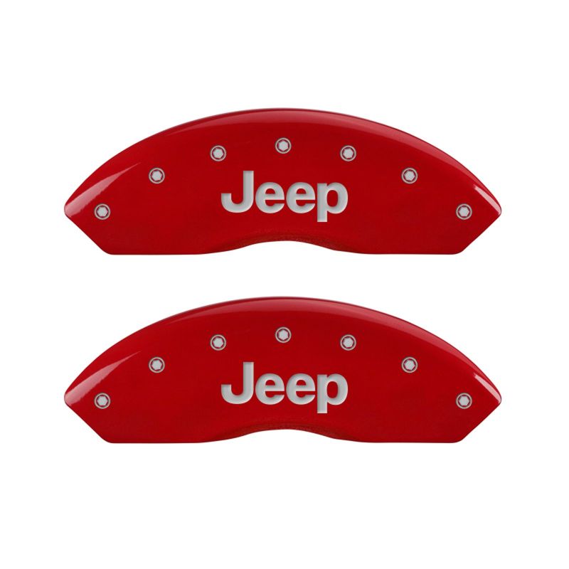 Load image into Gallery viewer, MGP 4 Caliper Covers Engraved Front & Rear JEEP Red finish silver ch