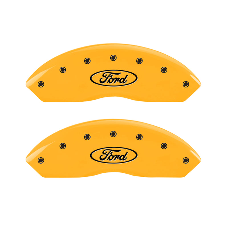 Load image into Gallery viewer, MGP 4 Caliper Covers Engraved F & R Oval Logo/Ford Yellow Finish Black Char 2002 Ford Explorer Sport