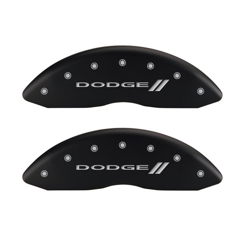 Load image into Gallery viewer, MGP 4 Caliper Covers Engraved Front & Rear With stripes/Dodge Red finish silver ch
