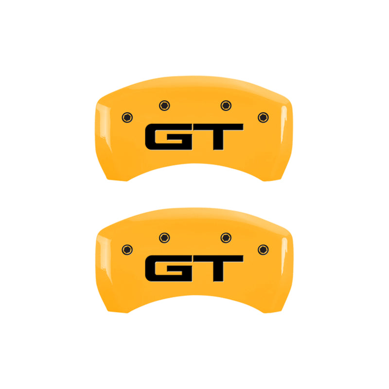 Load image into Gallery viewer, MGP 4 Caliper Covers Engraved Front 2015/Mustang Engraved Rear 2015/GT Yellow finish black ch